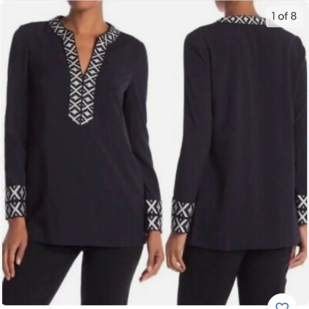 Tory Burch Embroidered Navy Tunic Top- Size‎ 2 🔥